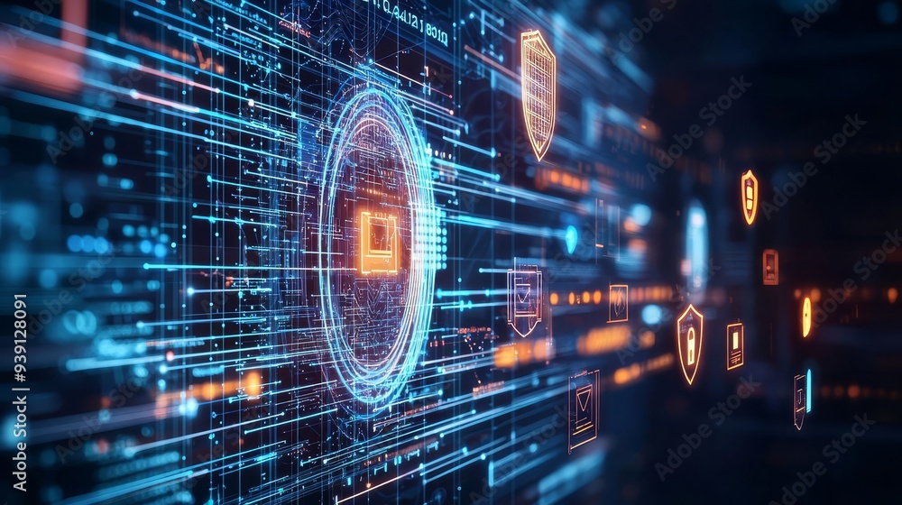 Aufkleber a digital interface displaying hacker security breaches, with creative strategies employed to protec