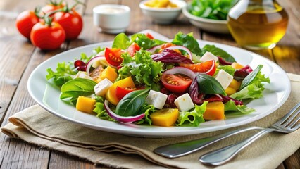 Freshly Prepared Salad With Crisp Greens, Colorful Vegetables, And A Light Dressing, Presented On A White Plate With A Fork On The Side.