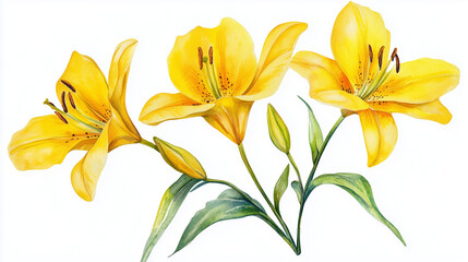 bouquet of yellow lilies, yellow lily isolated on white, floral background, yellow flowers