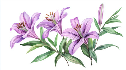 purple flowers isolated on white, lavender lily plant on white background, watercolor style, purple iris flower