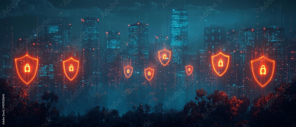Poster a digital landscape where hacker attempts are intercepted by glowing security barriers, symbolizing 