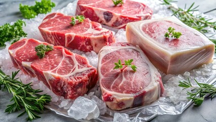 Freshly wrapped raw beef steaks and pork chops frozen in a frosty refrigerator, surrounded by ice crystals and frozen mist, ready for long-term storage.