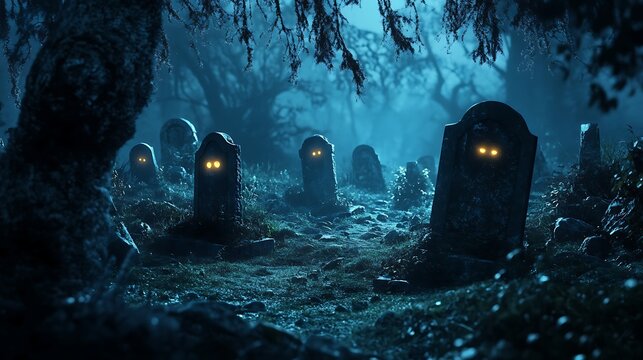 A spooky graveyard at night with glowing eyes on the tombstones.