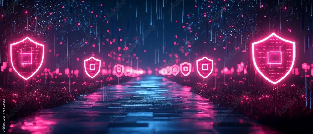 Poster a digital landscape where hacker attempts are intercepted by glowing security barriers, symbolizing 