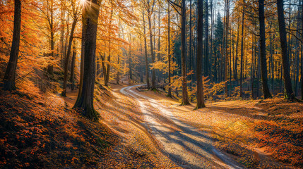 Fototapeta premium A Serene Winding Path Through the Golden Autumn Forest