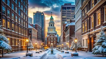 Frozen Liberty Bell tower stands tall amidst snow-covered streets and historic buildings in a serene winter wonderland scene in Philadelphia, Pennsylvania.