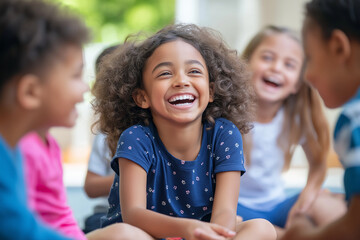 A group of children are sitting on the floor and laughing