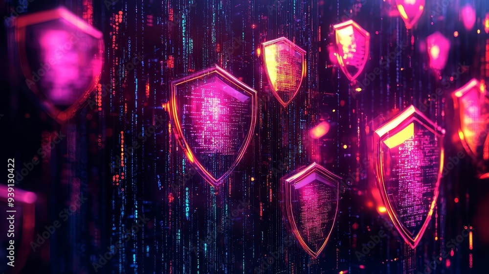 Poster a hackers code being intercepted by glowing security shields, representing the effectiveness of crea