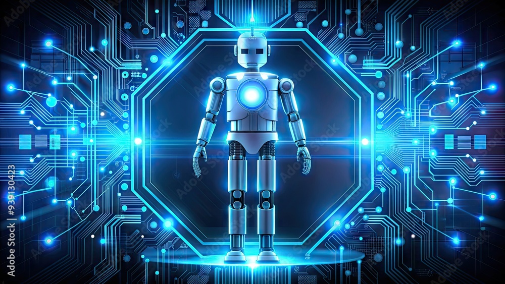 Poster futuristic ai robotic icon with glowing blue circuits and wires, surrounded by abstract digital code
