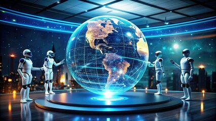 Futuristic augmented reality display projecting holographic globe, robots, and circuits, symbolizing innovative technological advancements towards a bright and connected futuristic world.