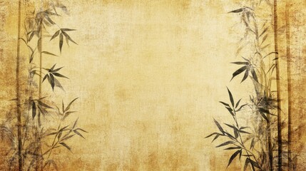 Ancient Chinese background with yellow bamboo on the right and left. Japanese script - 3D grunge antique paper texture