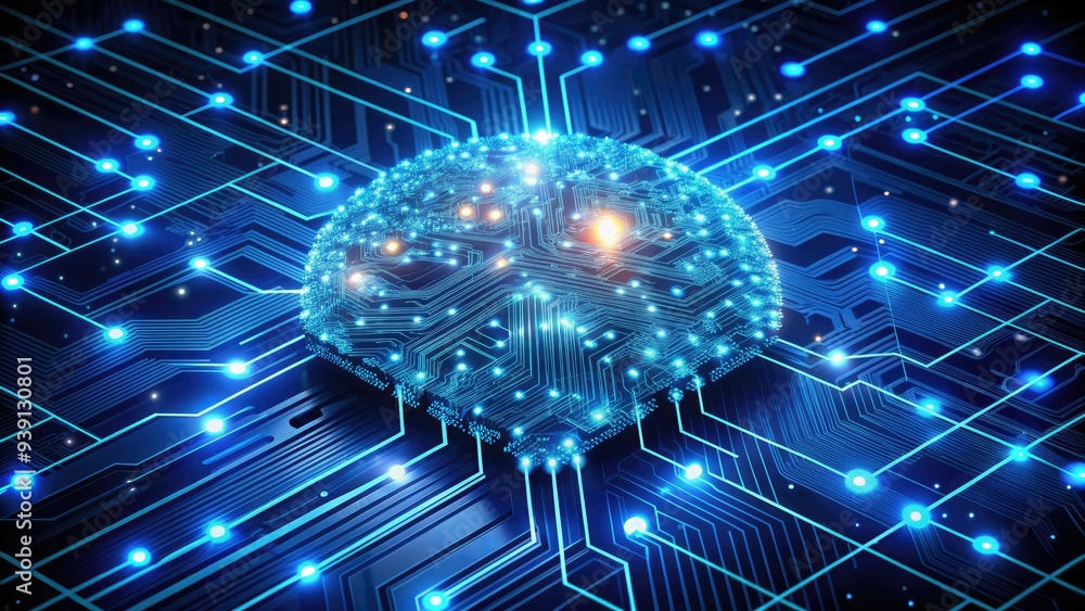 Poster futuristic neural network graphic representation with glowing blue circuits and microchips on a dark