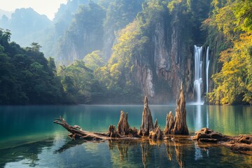 Majestic Waterfall Cascading into a Pristine Lagoon in a Tropical Jungle.