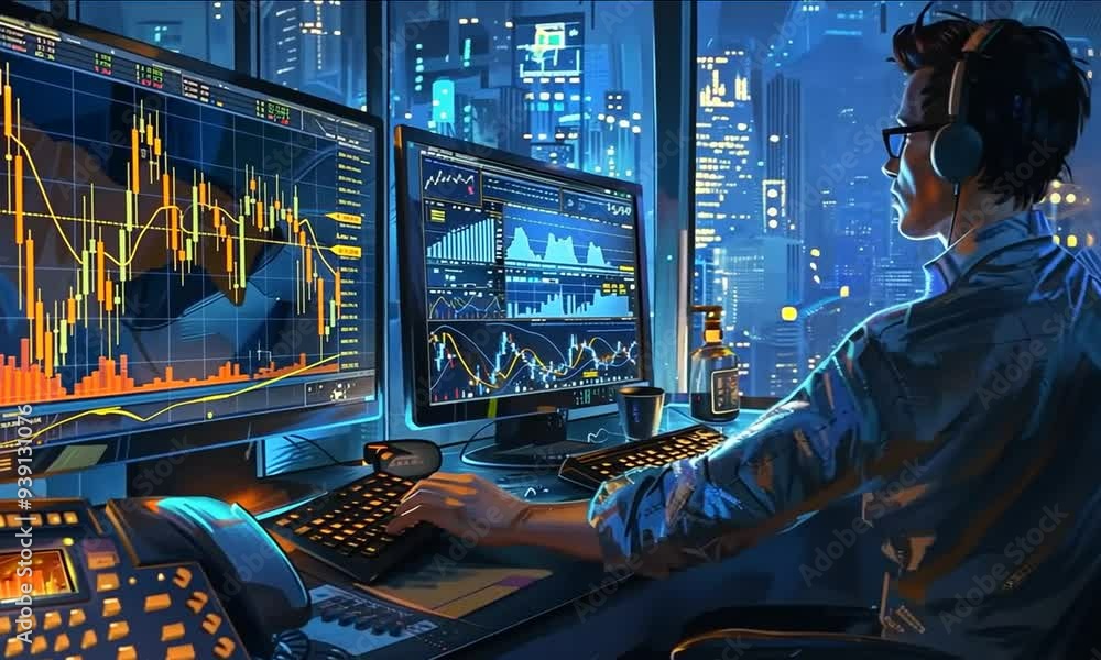 Aufkleber a day trader with computer monitors displaying stock market data
