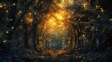 Enchanting Golden Light Path Through a Dark Forest