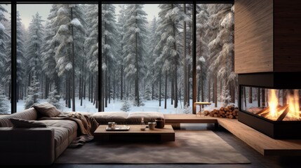 Cozy living room with modern fireplace and panoramic window with great view on the snowy forest. Neural network ai generated art