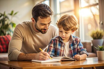 Gentle Discipline: Father teaching son a lesson, soft colors, warm tones, reflective mood
