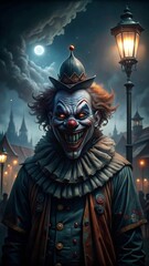 Fototapeta premium A sinister clown with a wide, unnerving grin, standing under a flickering streetlight in an empty carnival. 