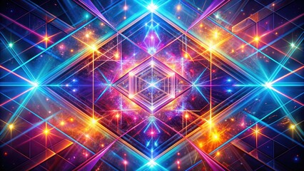 Obraz premium Geometric abstract composition featuring intricate diamond shapes connected by vibrant, glowing lines that intersect and weave together in a mesmerizing dance of light and color.