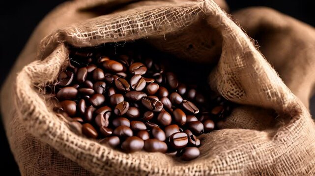  Freshly roasted coffee beans in a burlap sack