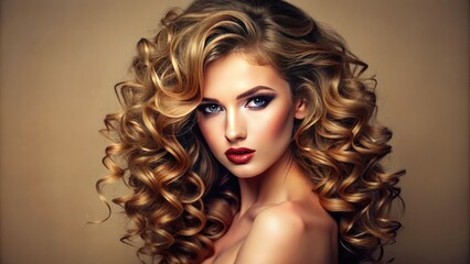 Fototapeta premium Glamorous female model with luscious, curly locks poses elegantly, showcasing luxurious hairstyle and impeccable makeup against a soft, creamy background.