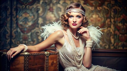 Glamorous young woman wearing a beaded fringe dress, pearls, and a headband, posing with a vintage suitcase and feather boa in a luxurious setting.
