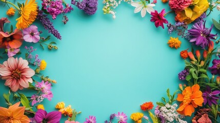 A blank frame encircled by a diverse mix of flowers in vivid colors, placed against a serene teal background