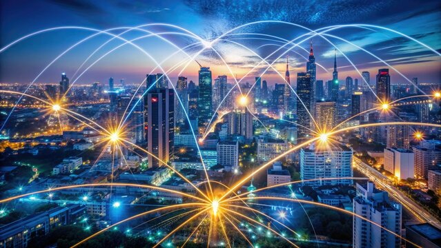 Glowing fiber optic cables crisscross in a cityscape at dusk, symbolizing the complex network of global internet connectivity and data exchange.