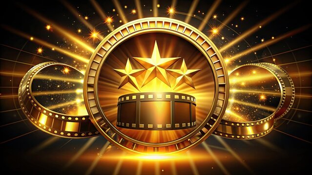 Glowing golden film strip surrounds a circular emblem with stars and celestial bodies, symbolizing cinematic excellence and creativity in the entertainment industry.
