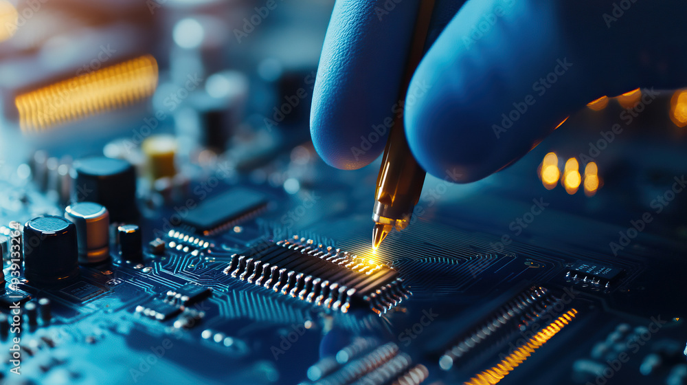 Poster close-up of a hand working on a circuit board with electronic components, illustrating technology an