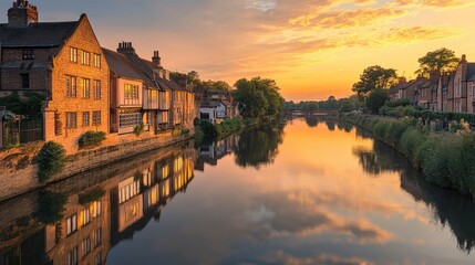 Fototapeta premium A picturesque view of a historic town by the river, bathed in the warm glow of a setting sun, reflecting on the water.