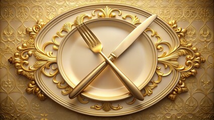 Golden fork and knife crisscrossed over a circular emblem with a plate at its center, surrounded by ornate details and subtle shading, evoking elegance.