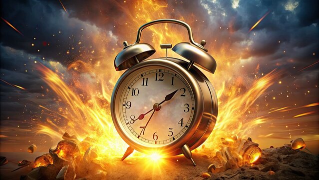 Golden hour alarm clock exploding in 3D flames, symbolizing time pressure, deadlines, and urgency, with clock hands racing against time in the background.