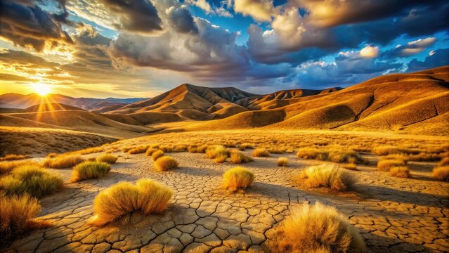 Golden light casts a warm glow on rolling hills of parched, cracked earth and withered grasses, evoking a sense of desolate beauty in the arid landscape.
