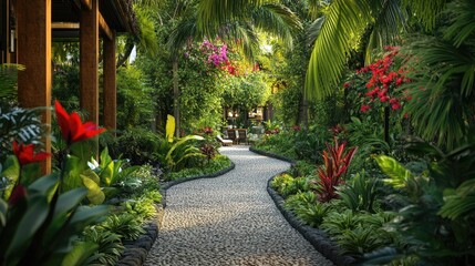 A serene path leading to a villa, surrounded by lush green plants and flowers, exuding tranquility