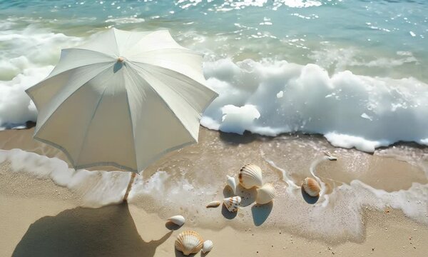 Gentle waves caress the shore beneath a bright umbrella at a tranquil beach