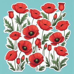 Fototapeta premium Red poppies, green leaves, stems. Poppies are depicted in various stages of bloom, with some fully open and others in bud. Soft back, creating delicate romantic feel. Copy space. Postcard or layout.