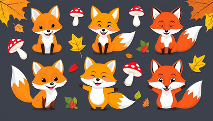 Fototapeta premium sticker set, different cute fox