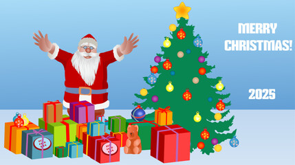 Santa Clause saying Merry Christmas standing near boxes with gifts for children.  Vector illustration.