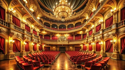 Obraz premium Grand, opulent theatre auditorium with plush red seats, ornate gold balconies, and a majestic stage, bathed in soft, warm, golden light, awaiting a performance.