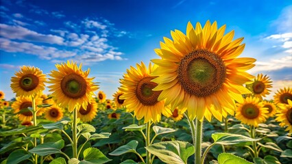 Obraz premium Vibrant sunflowers blooming against a bright blue sky in a colorful garden setting