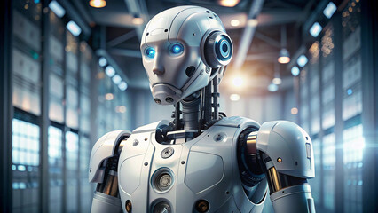 a white robot with blue eyes and a blue eye.