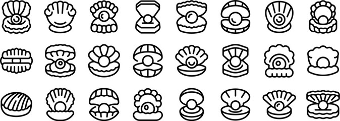 Fototapeta premium Seashells pearls icons set. Set of various pearl jewelry and oyster shell icons featuring open and closed shells with pearls