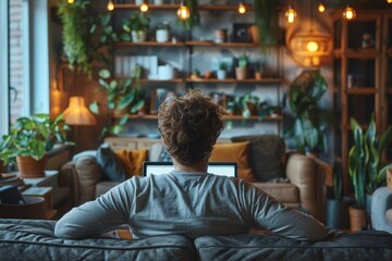 Obraz premium A young man using a computer laptop in front of a blank white computer screen, sitting comfortably in a cozy home setting with natural light. Generative AI