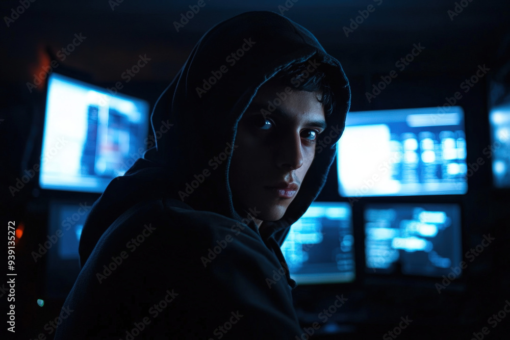 Poster hacker breaking the security system in a dark room illuminated by multiple monitors