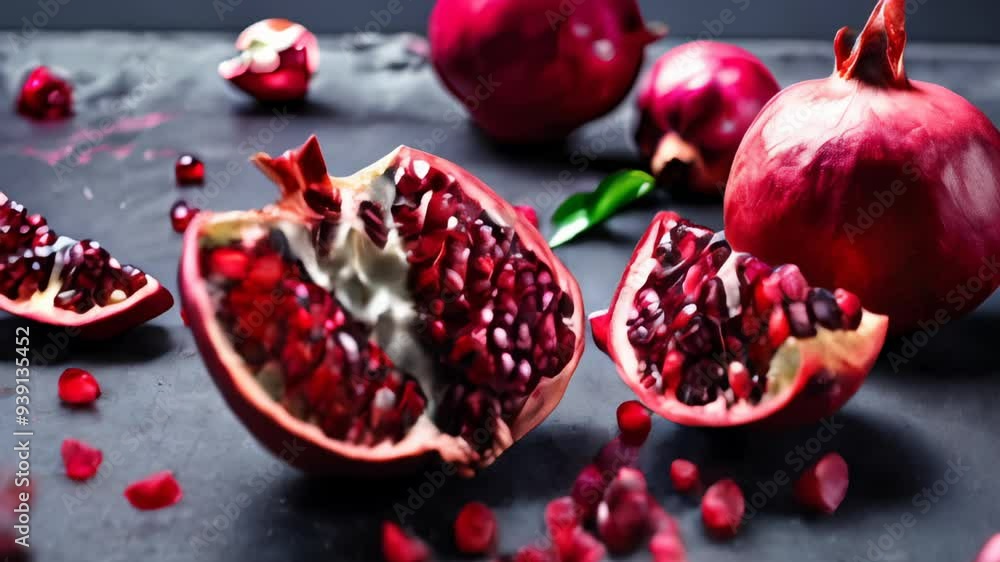 Wall mural  Deliciously vibrant pomegranate halves ready to be savored