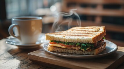 A traditional breakfast setup featuring a freshly made sandwich and a steaming cup of coffee on a cozy table.
