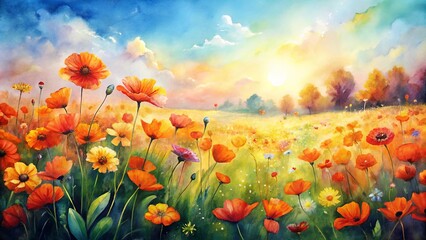 Fototapeta premium Vibrant watercolor floral meadow landscape with abstract orange and red flowers