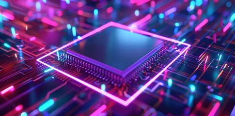 Futuristic microchip on a glowing circuit board with vibrant neon lights in pink and blue hues, symbolizing advanced technology and innovation
