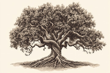 Detailed retro-style engraving of a majestic oak tree with its sprawling branches and intricate root system